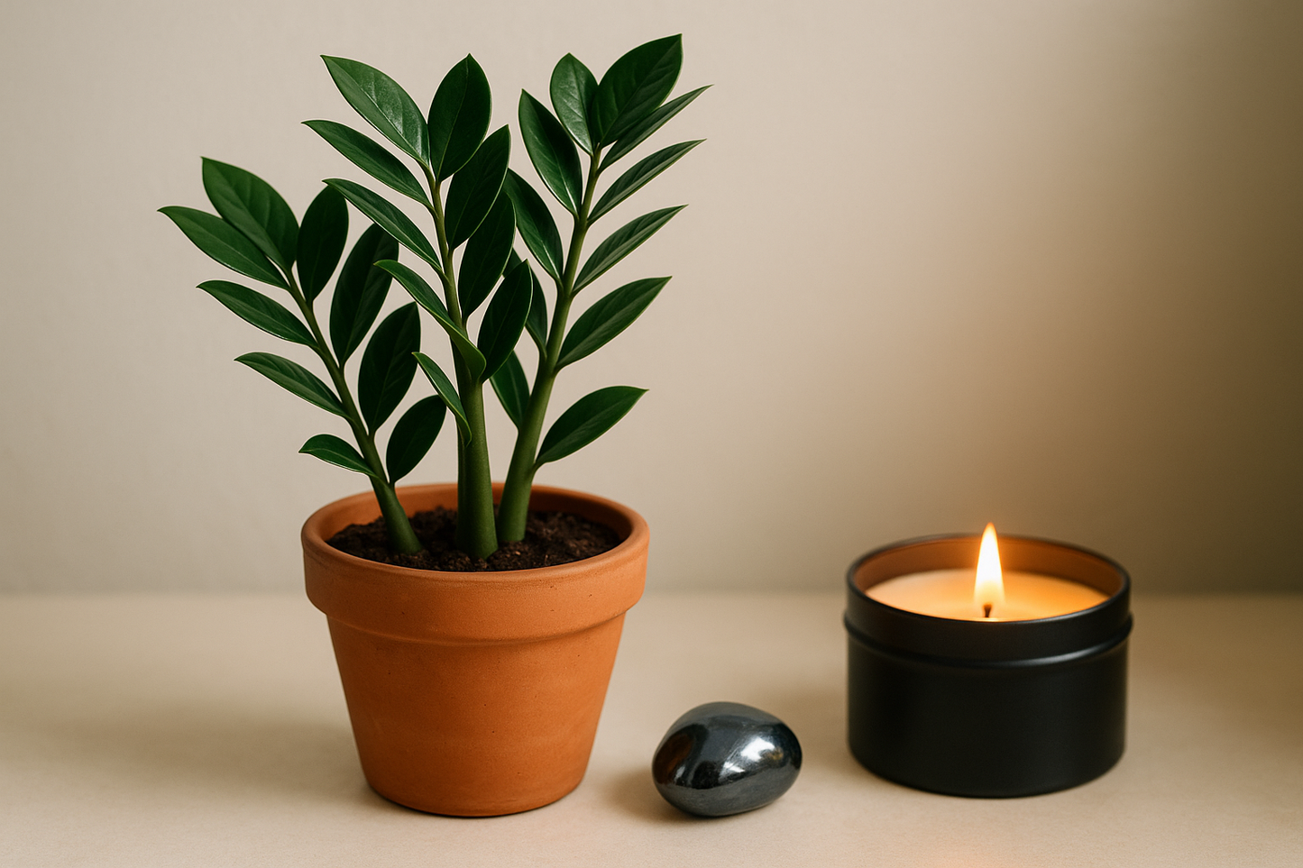 ZZ Plant in a 4 inch pot with a tumbled 1 inch hematite crystal, and a lit candle in a black tin container