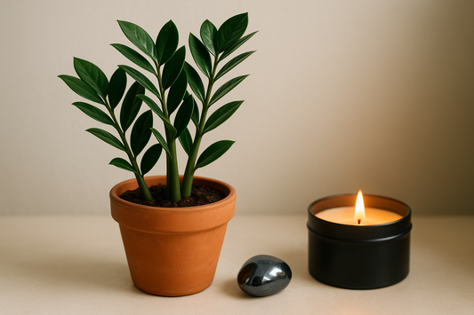 ZZ Plant in a 4 inch pot with a tumbled 1 inch hematite crystal, and a lit candle in a black tin container